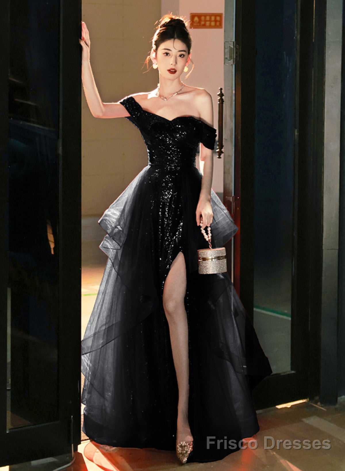 A-Line Black Tulle And Sequins Long Prom Dress With Leg Slit, Black Formal Dress Main image