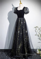 A-line Black Tulle and Velvet Long Party Dress, Black Formal Prom Dress
