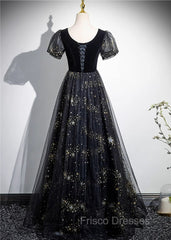 A-line Black Tulle and Velvet Long Party Dress, Black Formal Prom Dress