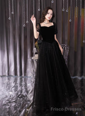 A-Line Black Tulle And Velvet Short Sleeves Prom Dress, Black Evening Dress