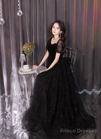 A-Line Black Tulle And Velvet Short Sleeves Prom Dress, Black Evening Dress