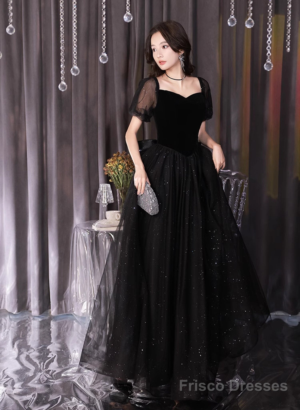 A-Line Black Tulle And Velvet Short Sleeves Prom Dress, Black Evening Dress Main image