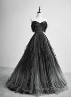 A-Line Black Tulle Ballgown Long Party Dress Beadings Evening Dress Formal Prom Dress