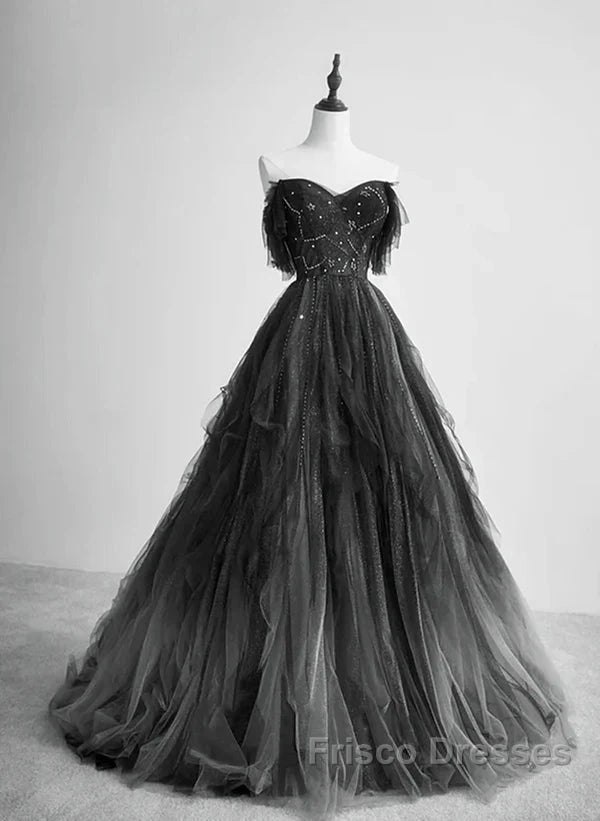 A-Line Black Tulle Ballgown Long Party Dress Beadings Evening Dress Formal Prom Dress