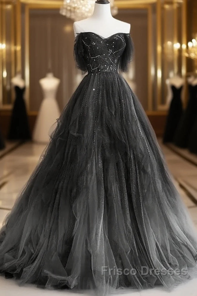 A-Line Black Tulle Ballgown Long Party Dress Beadings Evening Dress Formal Prom Dress Main image
