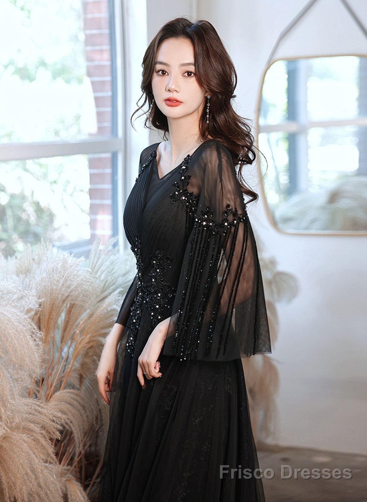 A-Line Black Tulle Beaded Long Formal Dress, Black Tulle Prom Dress Evening Dress