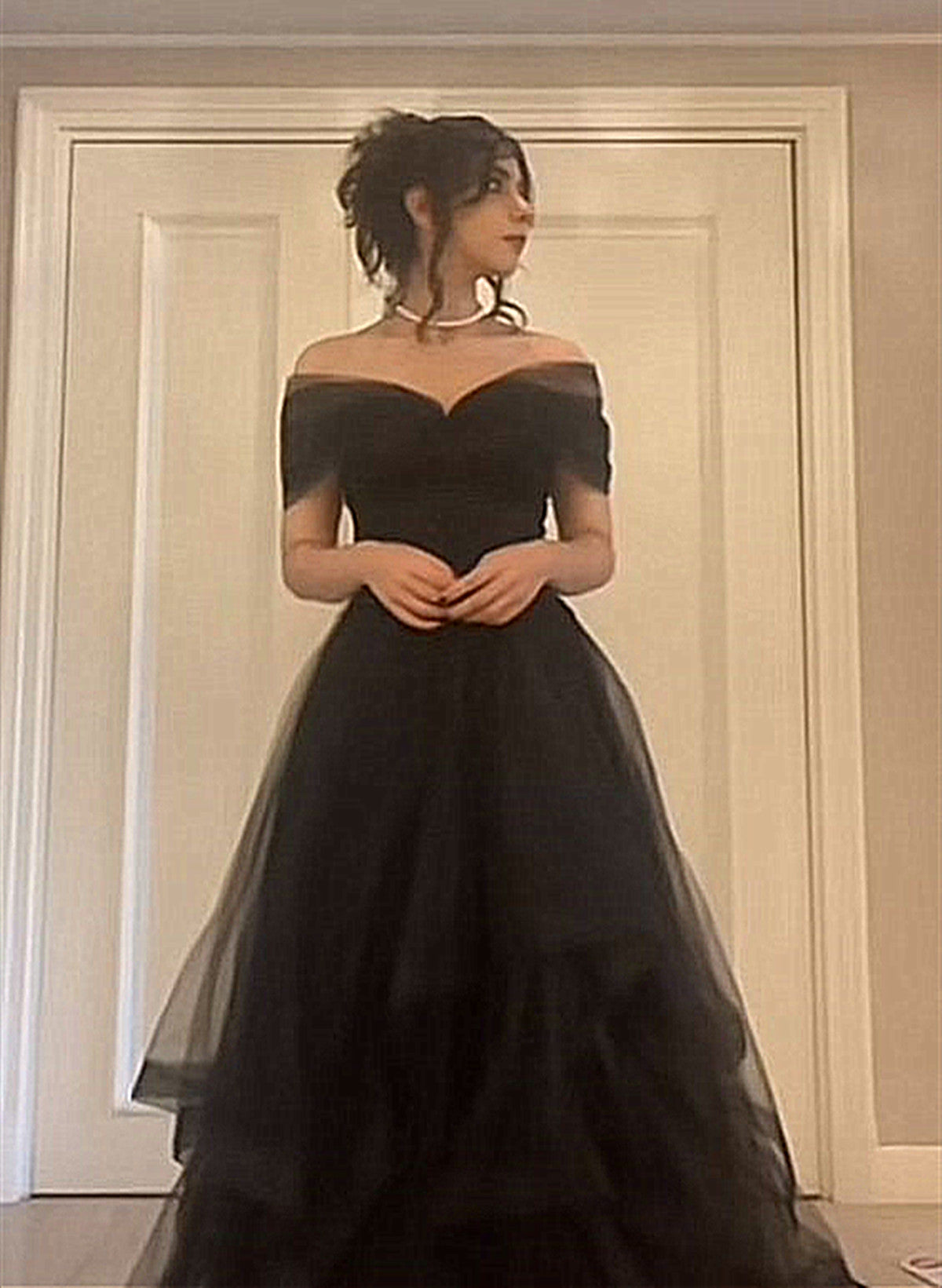 A-Line Black Tulle Chic Sweetheart Long Party Dress, Black Off Shoulder Prom Dress Secondary image