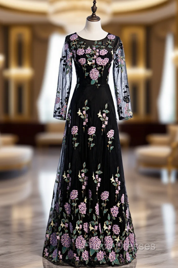 A-Line Black Tulle Embroidery Long Sleeve Formal Prom Dress Main image