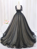 A-Line Black Tulle Lace Long Prom Dresses, Black Long Evening Dresses