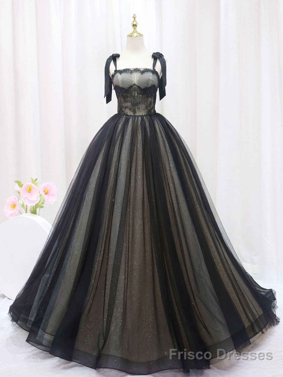 A-Line Black Tulle Lace Long Prom Dresses, Black Long Evening Dresses Main image