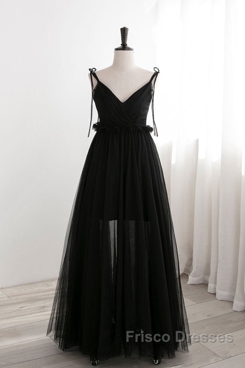 A-Line Black Tulle Long Formal Prom Dress, Black Formal Evening Dress