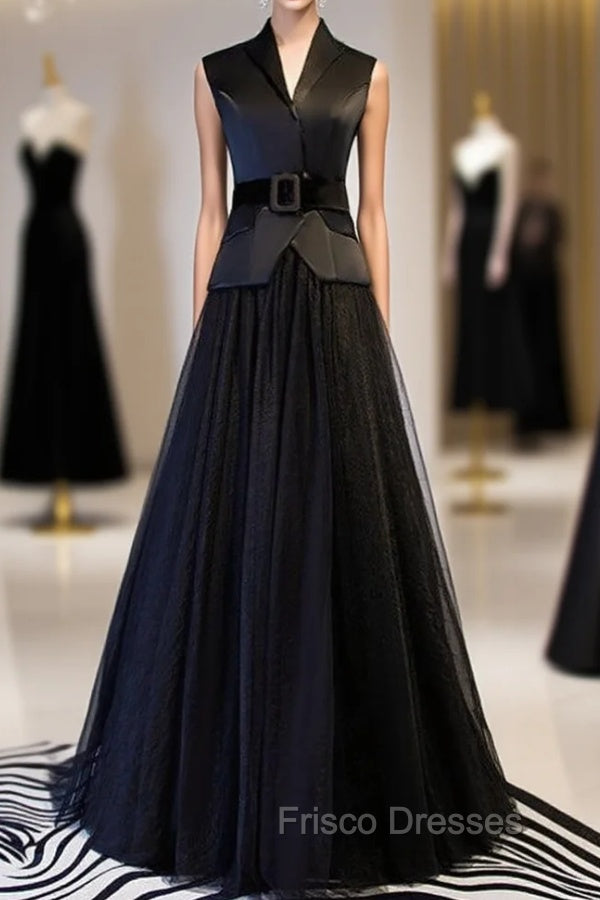 A-Line Black Tulle Satin V-neck Formal Prom Dress With Sash Main image