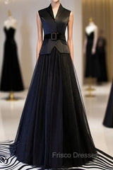 A-Line Black Tulle Satin V-neck Formal Prom Dress With Sash