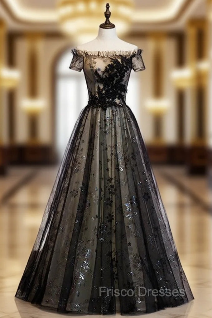 A-Line Black Tulle Sequins Off the Shoulder Long Formal Prom Dress