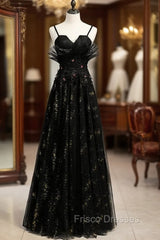 A-Line Black Tulle Sequins Spaghetti Straps Formal Prom Dress