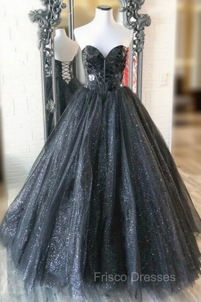 A-Line Black Tulle Sequins Strapless Formal Prom Dress Main image
