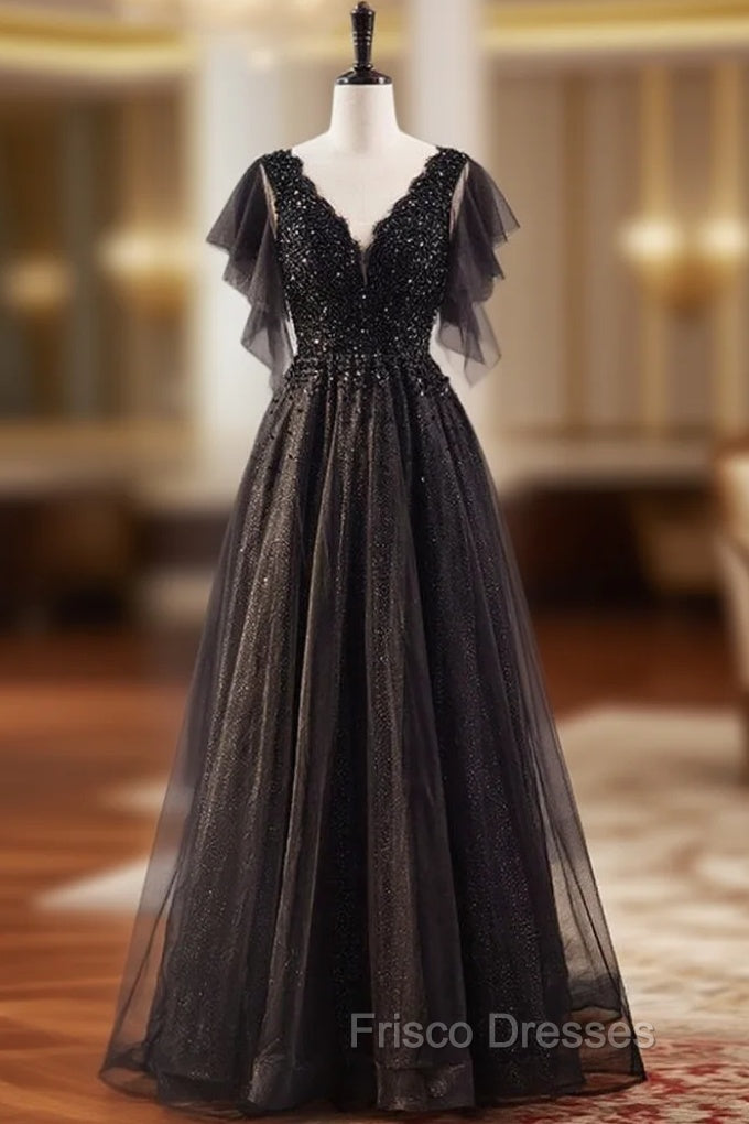 A-Line Black Tulle Sequins V-neck Beading Formal Prom Dress Main image