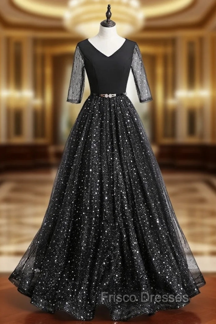 A-Line Black Tulle Sequins V-neck Short Sleeve Formal Prom Dress