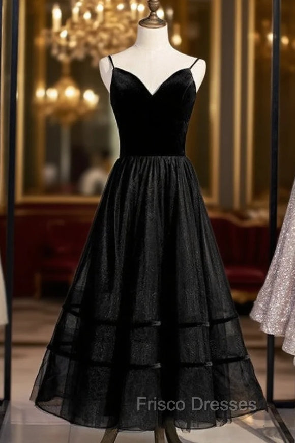 A-Line Black Tulle Spagehtti Straps Tulle Tea Length Formal Prom Dress