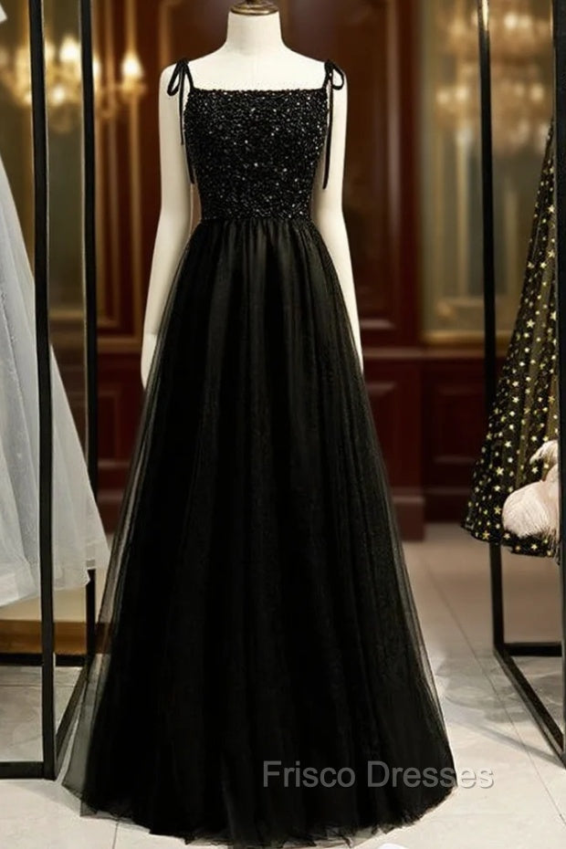 A-Line Black Tulle Spaghetti Straps Tulle Beading Formal Prom Dress Main image