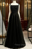 A-Line Black Tulle Spaghetti Straps Tulle Beading Formal Prom Dress