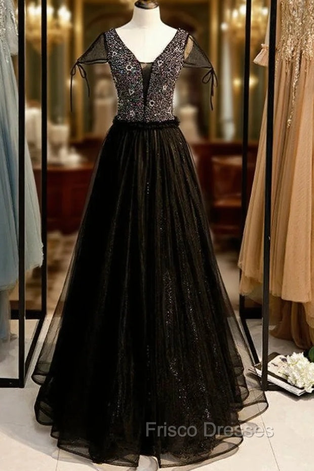 A-Line Black Tulle V-neck Cap Sleeve Beading Formal Prom Dress