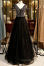 A-Line Black Tulle V-neck Cap Sleeve Beading Formal Prom Dress