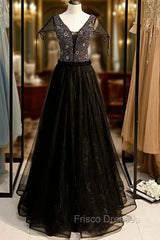 A-Line Black Tulle V-neck Cap Sleeve Beading Formal Prom Dress