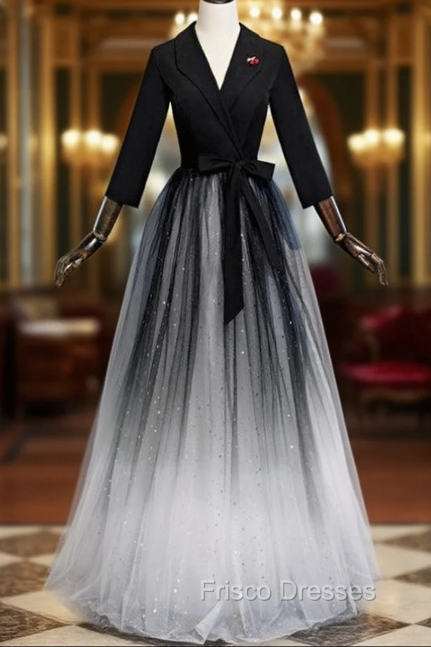 A-Line Black Tulle V-neck Long Sleeve Formal Prom Dress Main image