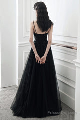 A-Line Black Tulle V-Neckline Straps Long Party Dress, Black Tulle Prom Dress
