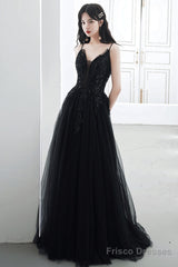 A-Line Black Tulle V-Neckline Straps Long Party Dress, Black Tulle Prom Dress