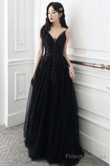 A-Line Black Tulle V-Neckline Straps Long Party Dress, Black Tulle Prom Dress