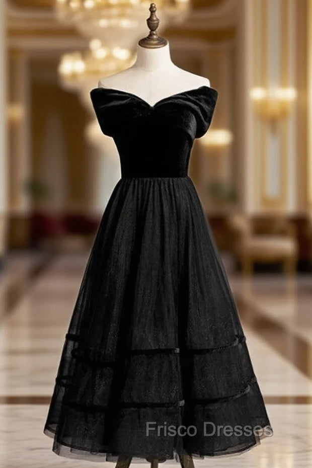 A-Line Black Tulle Velvet Off the Shoulder Tea Length Formal Prom Dress Main image