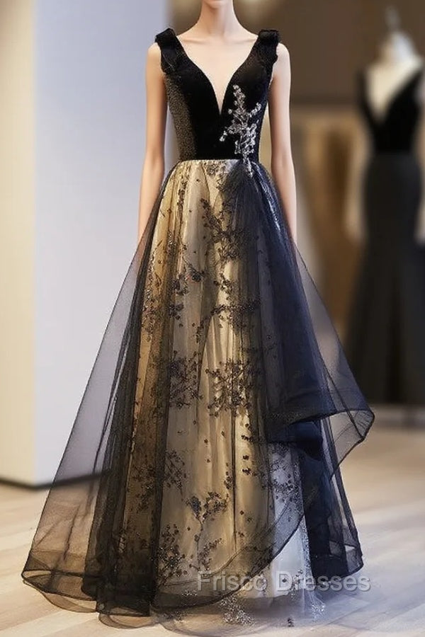A-Line Black Tulle Velvet Sequins Formal Prom Dress Main image