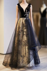 A-Line Black Tulle Velvet Sequins Formal Prom Dress