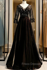 A-Line Black V-neck 3/4 Sleeve Crystal Formal Prom Dress