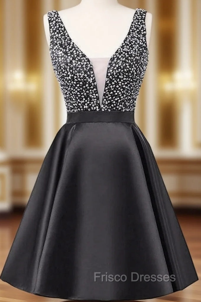 A-Line Black V-neck Backless Satin Beading Sequins Homecoming Dress Main image