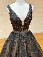 A Line Black V Neck Lace Long Formal Prom Dress