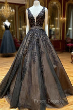 A Line Black V Neck Lace Long Formal Prom Dress