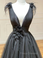 A Line Black V Neck Tulle Long Formal Prom Dress