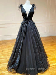 A Line Black V Neck Tulle Long Formal Prom Dress