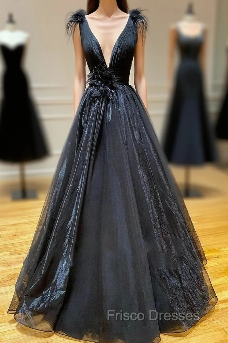 A Line Black V Neck Tulle Long Formal Prom Dress Main image