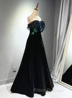 A-line Black Velvet and Tulle Off Shoulder Party Dress, Black Long Formal Prom Dress