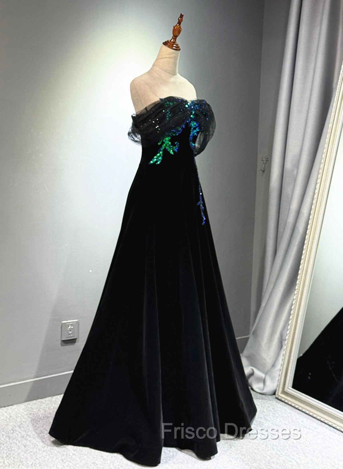 A-line Black Velvet and Tulle Off Shoulder Party Dress, Black Long Formal Prom Dress