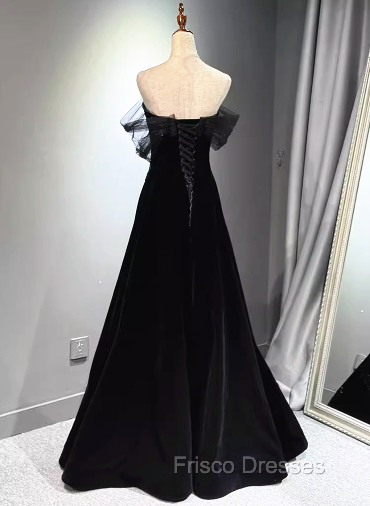 A-line Black Velvet and Tulle Off Shoulder Party Dress, Black Long Formal Prom Dress