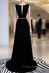 A-Line Black Velvet Backless Formal Prom Dress With Beading