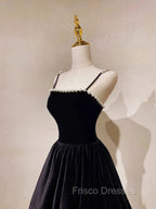 A-Line Black Velvet Floor-Length Formal Prom Dress, Pearls Spaghetti Straps Long Party Dress