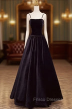 A-Line Black Velvet Floor-Length Formal Prom Dress, Pearls Spaghetti Straps Long Party Dress
