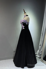 A-Line Black Velvet Long Party Dress With Lace Applique, Black Velvet Prom Dress
