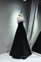 A-Line Black Velvet Long Party Dress With Lace Applique, Black Velvet Formal Prom Dress